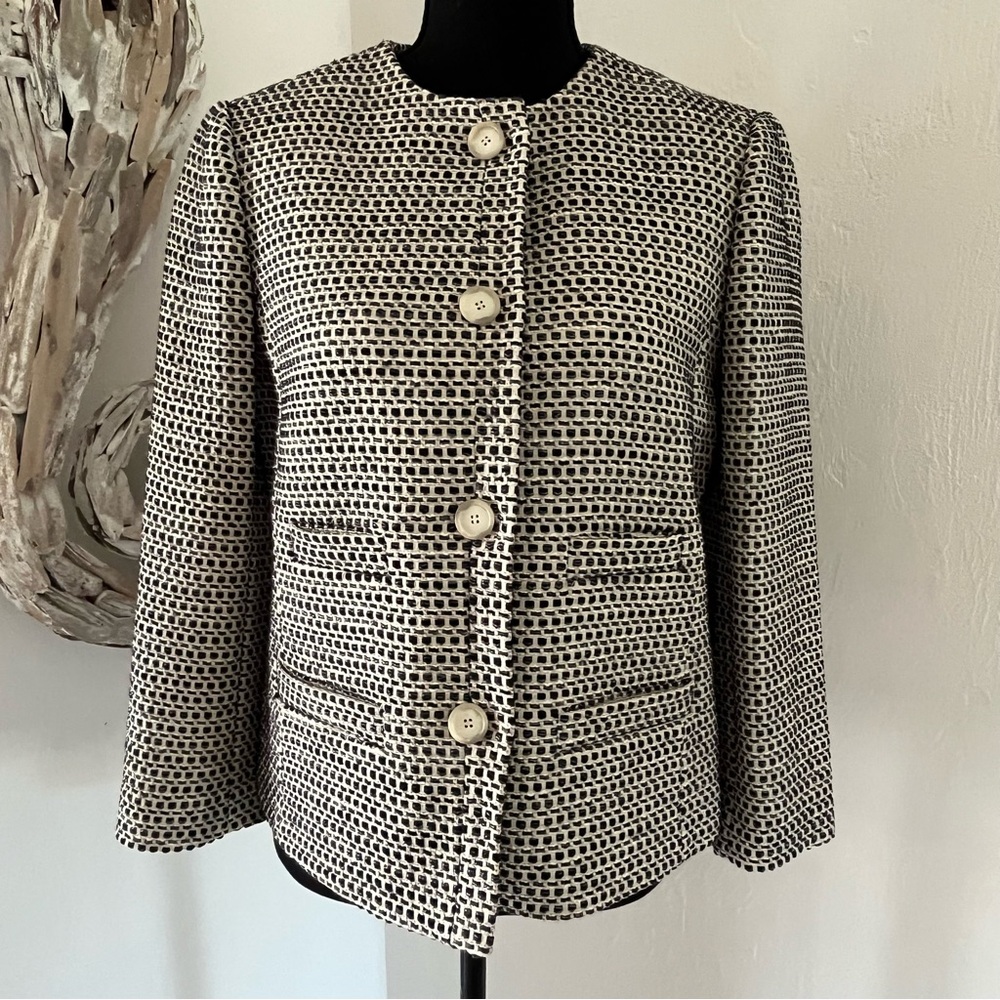 Ann Taylor Blazer 6 Tan Black Woven Tailored Lined Raffia Look Elegant Career